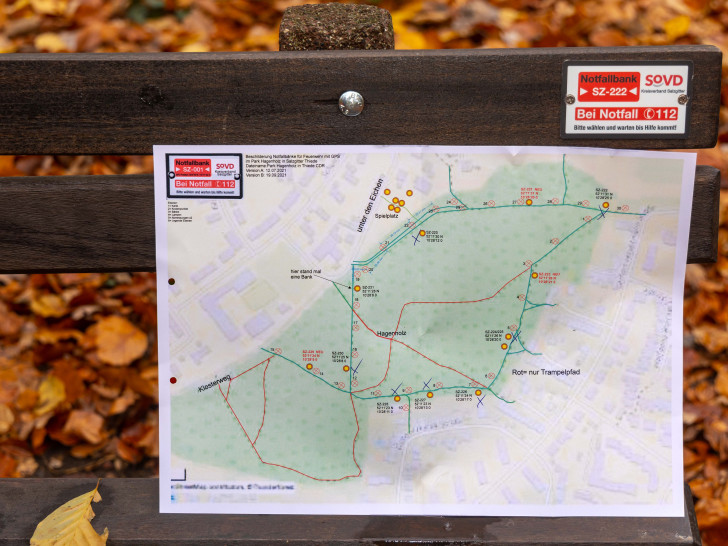 2021 wurden die Bänke im Hagenholz gekennzeichnet. Der Übersichtsplan wurde natürlich nur für das Pressefoto angebracht. Archivbild.