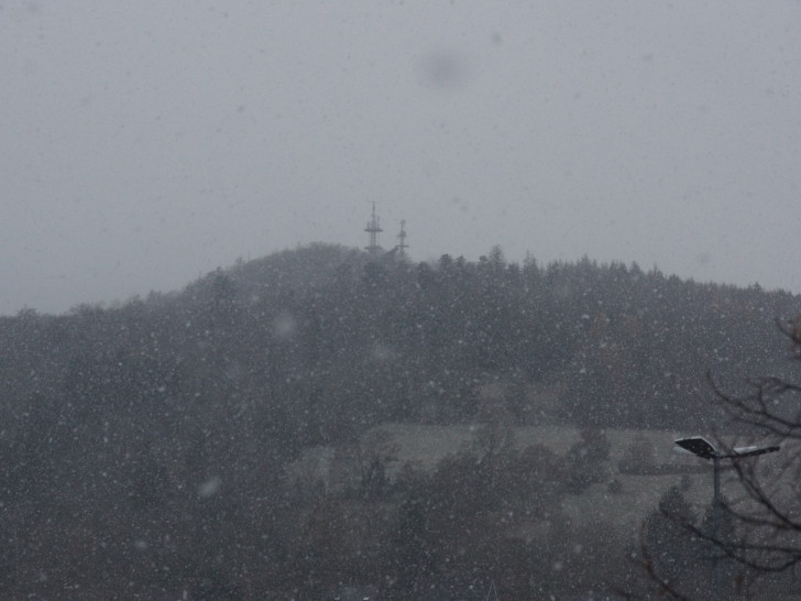 Schneegestöber am Steinberg in Goslar hinterließ am Wochenende immerhin auf den Berggipfeln kurzzeitig weiße Mützen. 