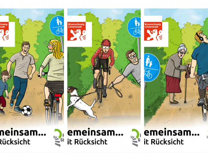 Die Schilder richten sich an unterschiedliche Personengruppen. Sie sollen auf gegenseitige Rücksichtnahme hinweisen.