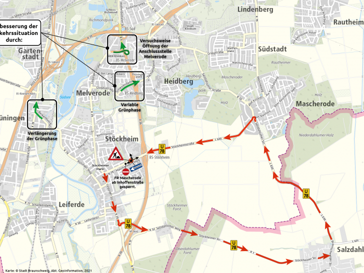 Karte der Verkehrslenkung zum Bau des Kreisverkehrs Mascheroder Weg / Senefelderstraße - erste Bauphase.