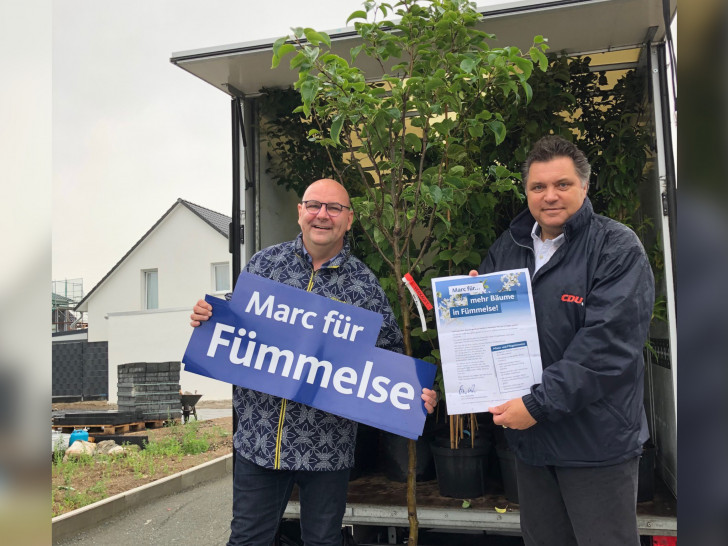 Ein LKW voller Bäume. CDU-Ortsbürgermeisterkandidat Marc Angerstein und CDU-Landratskandidat Uwe Schäfer verteilten im Fümmelser Neubaugebiet 30 Obstbäume.