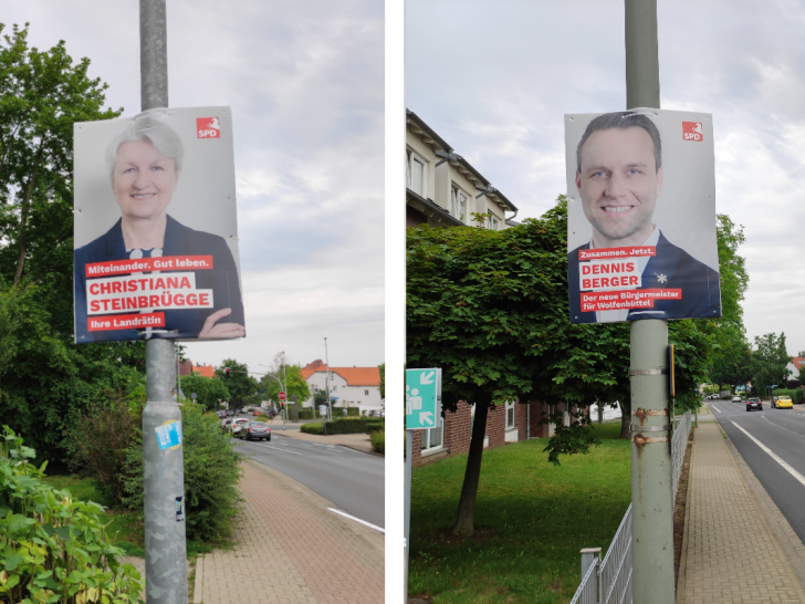 Christiana Steinbrügge will Landrätin bleiben und Dennis Berger will Bürgermeister werden. Ihre Plakate wurden ohne Genehmigung zu früh aufgehängt.