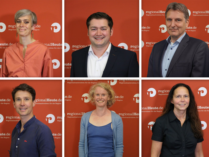 Das sind Ihre Kandidaten für die OB-Wahl: oben von links: Tatjana Schneider (parteilos), Thorsten Kornblum (SPD), Mirco Hanker (AfD); unten von links: Kaspar Haller (parteilos), Birgit Huvendieck (BIBS), Anke Schneider (Linke)