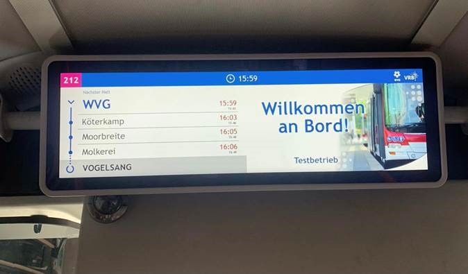 Ab sofort informiert die Wolfsburger Verkehrs-GmbH (WVG) ihre Fahrgäste während der Fahrt in Echtzeit über den Fahrtverlauf sowie aktuelle Anschluss- und Umsteigemöglichkeiten. 
