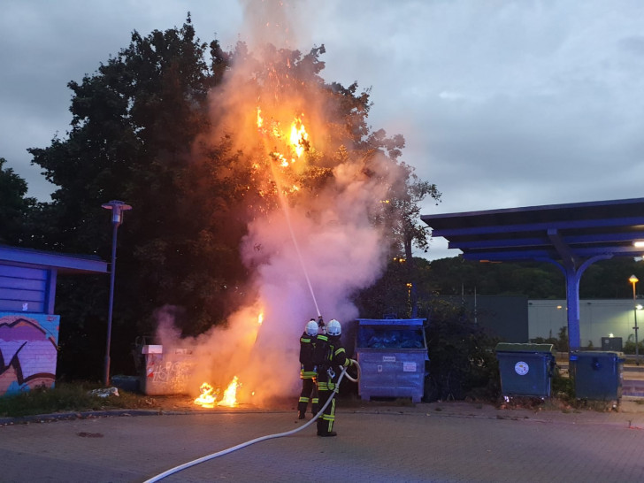 Meterhohe Flammen schlugen aus dem brennenden Müllcontainer.