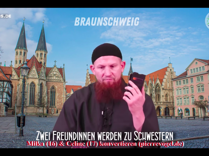 Der salafistische Konvertit und Prediger Pierre Vogel ist gerngesehener Gast in Braunschweig, wie hier unschwer zu erkennen ist. In diesem Video nimmt er das Glaubensbekenntnis zweier Teenagerinnen an.