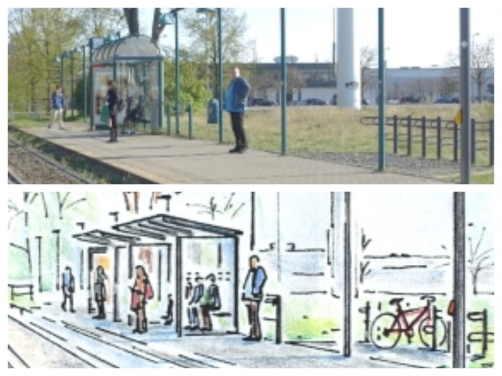 Durch die neue Bahnsteigmöblierung entstehen für die Fahrgäste ein höherer Komfort sowie ein deutlich attraktiveres Erscheinungsbild. Vorher-Nachher-Vergleich Haltestelle Hansestraße-Ost stadteinwärts.