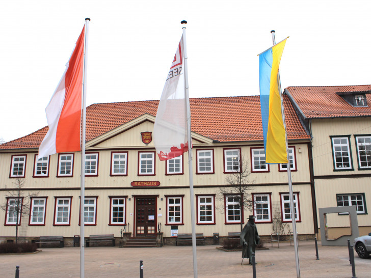 Die Ukrainische Fahne weht vor dem Seesener Rathaus.