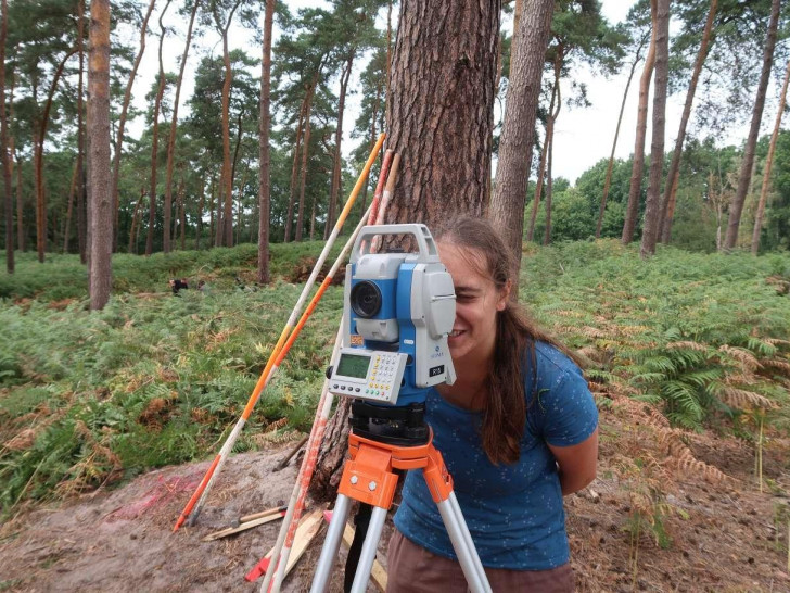 Im Rahmen der Lehrgrabung machen sich die Teilnehmenden mit modernen Vermessungsmethoden vertraut.