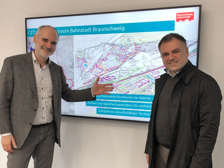 Stefan Plesser (links), Leiter des Steinbeis-Innovationszentrums (SIZ) Energieplus in Braunschweig, erläuterte dem Braunschweiger Bundestagsabgeordneten Dr. Christos Pantazis kürzlich das Projekt "C2T - Connect2Transform".