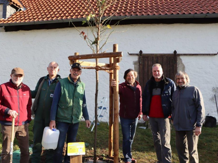 Sie pflanzten den Amberbaum in Destedt: v.l.: Michael Schmidt (LEADER-Region Elm-Schunter), Andreas Hettwer, Uwe Feder, Matthias Böhnig, Michael Marsel und Diethelm Krause-Hotopp.