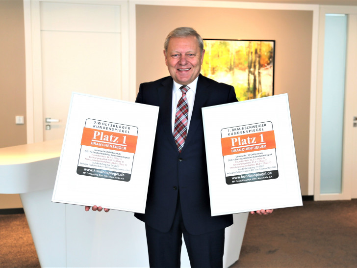 Jürgen Brinkmann, Vorstandssprecher der Volksbank BraWo, präsentiert die Auszeichnungen des 7. Kundenspiegels.
