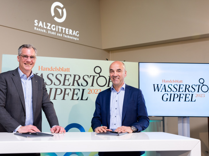 Auf dem Handelsblatt-Wasserstoffgipfel unterzeichneten (v. l.) Gunnar Groebler (Salzgitter AG) und Stefan Dohler (EWE) eine Absichtserklärung in Sachen Wasserstoff zu kooperieren.