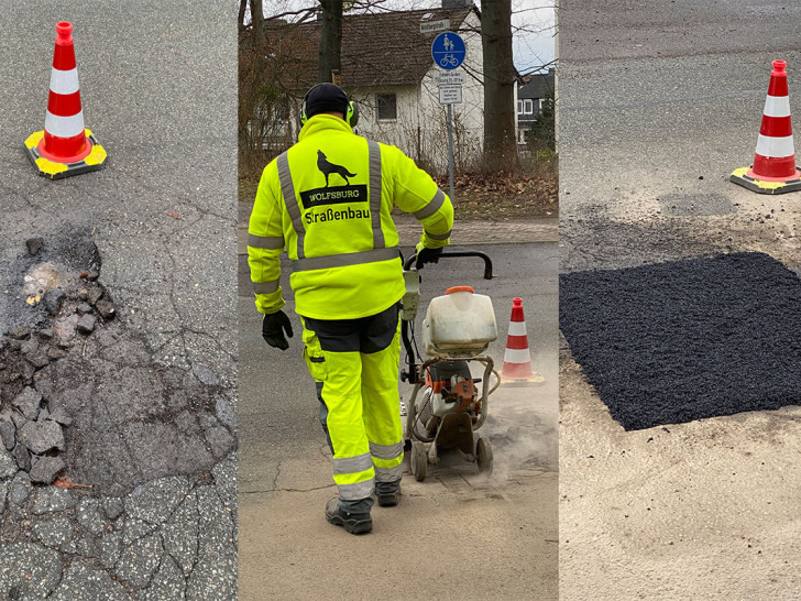 Der durch Frost beschädigte Straßenbelag wird entfernt und durch ein Kaltmischgut ersetzt.