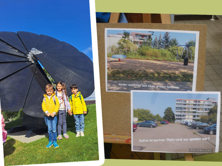 links: Kinder an der Smartflower, einer blumenförmigen Solaranlage in der Autostadt. rechts: Parkplatz oder Spielplatz?