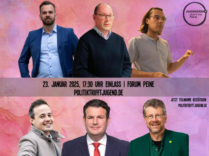 Die geladenen Gäste: oben v.l.n.r, Robert Preuss (AfD), Dirk-Heinrich Heuer (FDP), Victor Sherazee (Die Linken); unten v.l.n.r.: Marian Meyer (CDU), Hubertus Heil (SPD), Heiko Sachtleben (Bündnis 90 die Grünen) in Vertretung für Danny Prieske.