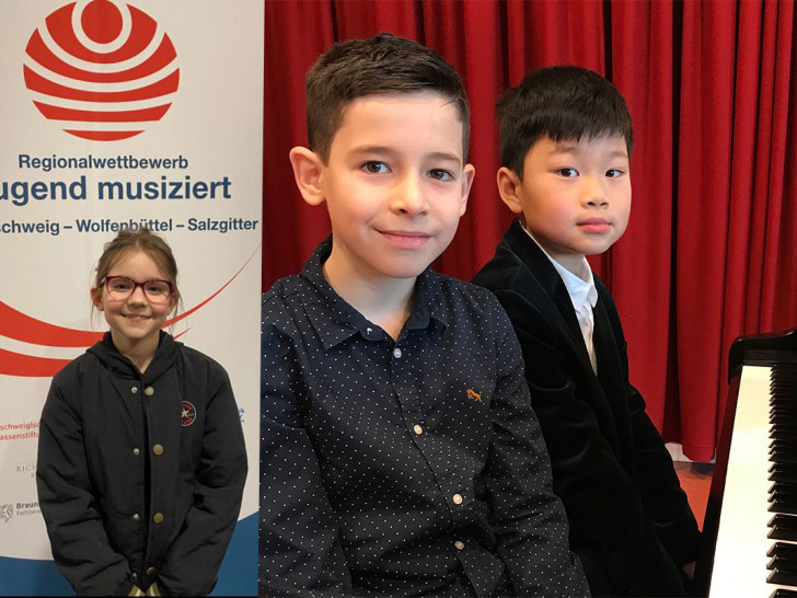 Matilda Plaschke (links) und Henri Dorsch mit Zi Han Jayden Sun (rechts) freuen sich über ihre erfolgreiche Teilnahme bei Jugend musiziert.