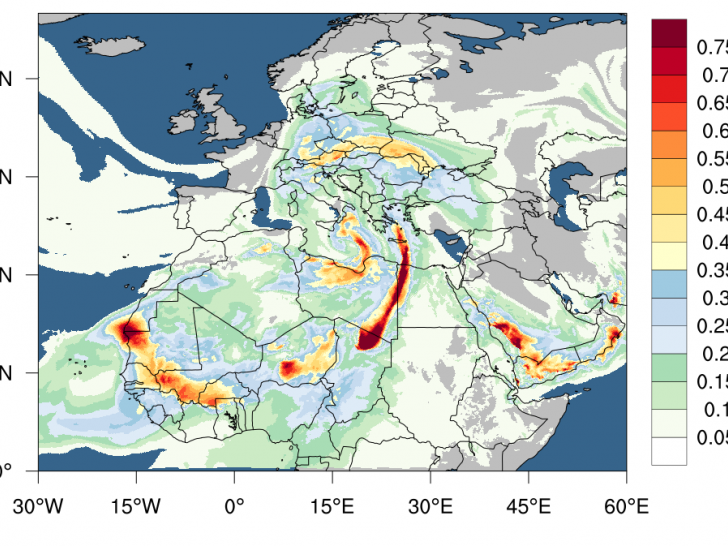 Räumliche Verteilung der Aerosol optischen Dicke (AOD), gültig am 1. März 2024, 12 UTC, vorhergesagt vom ICON-ART-Modellsystem. Zu dieser Zeit fand ein sogenannter Saharastaubausbruch statt; dies ist an einer erhöhten AOD über Mitteleuropa zu erkennen.