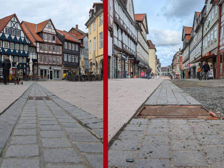 Nicht mehr schräg. In Wolfenbüttels Fußgängerzone werden die neuen Gossen jetzt gerade gesetzt.