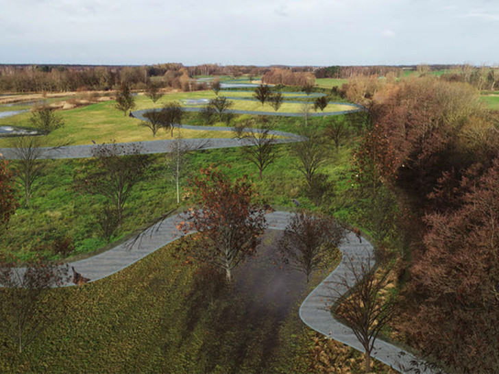 Aktuell zieht sich die Schunter als gerades Band durch die Landschaft. Die angestrebte Laufänderung mit Strukturelementen und Bäumen soll für Natürlichkeit sorgen - auf dieser Visualisierung zu sehen.