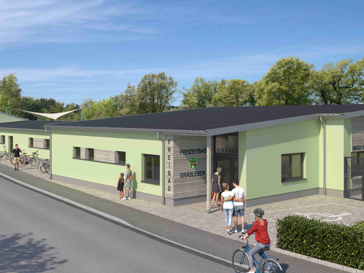 Visualisierung des neuen Funktionsgebäudes im Freizeitbad Grasleben, in dem auch der Gastronomiebereich untergebracht sein wird. 