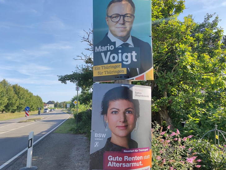 Wahlplakate mit Mario Voigt und Sahra Wagenknecht zur Landtagswahl in Thüringen (Archiv)