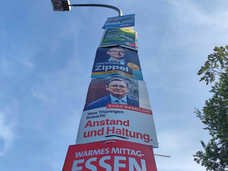 Wahlplakate von SPD, Linken, CDU, Grünen und AfD zur Landtagswahl in Thüringen am 06.08.2024