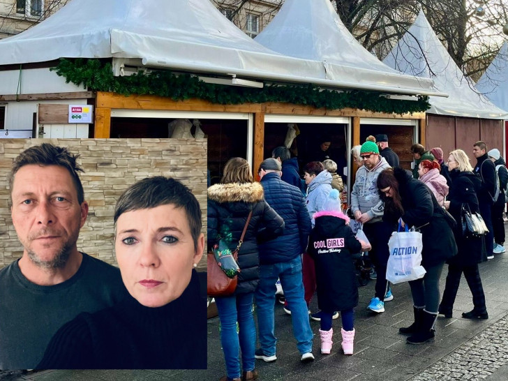 Der Obststand von Familie Loose auf dem Magdeburger Weihnachtsmarkt. Im Bild: Tina und Stefan Loose.