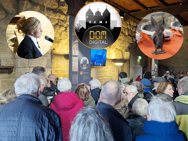 Nachdem der offizielle Startschuss für die App DOM:digital durch Oberbürgermeisterin Urte Schwerdtner (kleines Bild, oben li.) gefallen war, herrschte den ganzen Nachmittag großer Andrang im Wintersaal der Kaiserpfalz Goslar. Für Kinder und Jugendliche begleitet die Fledermaus Lunar (kleines Bild, oben re.) die Erkundung des ehemaligen Doms.