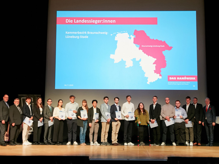 Die Landessiegerinnen und -sieger mit Kammerpräsident Detlef Bade und Hauptgeschäftsführer Matthias Steffen.