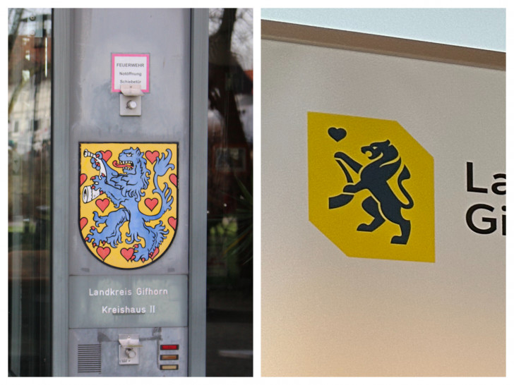 Links das traditionelle Wappen am Landkreisgebäude, rechts das neugestaltete Symbol.