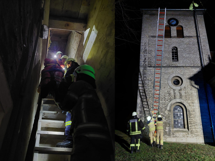 Übung der Feuerwehr Hoiersdorf im Kirchturm.