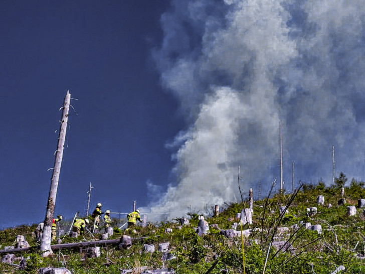Die Feuerwehr bei dem Einsatz in schwerzugänglichem Gebiet.