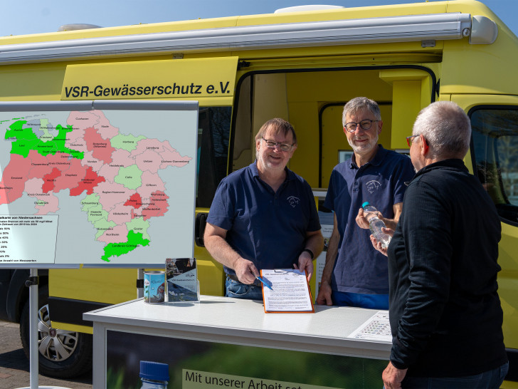 Arno Mittelmeyer und Heinz-Theo van Wickeren beraten einen Brunnenbesitzer mit Nitratkarte Niedersachsen vor einem Labormobil des VSR-Gewässerschutz e.V..