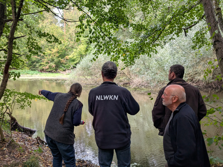 Ortstermin am Teich im Dorm: Revierförsterin Antje Feldhusen (links) erläutert die geplanten Pflegemaßnahmen. Walter Wimmer (NLWKN), Marc Böhles (BUND, hinten) und Reinhard Wagner (NABU, vorne) verfolgen die Ausführungen. Die Maßnahmen wurden vor Ort mit Fachbehörde, Naturschutzverbänden, ÖNSA und Naturpark Elm-Lappwald vorgestellt.   
