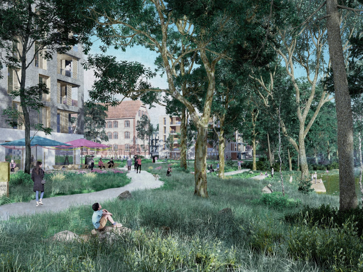 Mit seiner Vision für das Quartier in der Holwedestraße ging das Braunschweiger Architekturbüro jensen + hultsch architekten mit dem Berliner Landschaftsarchitekturbüro studiofutura als Sieger des städtebaulich-freiraumplanerischen Wettbewerbs hervor. 