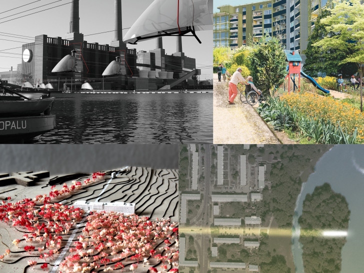 Kaleidoskop früherer Wolfsburg Award-Arbeiten (2007 bis 2024): Oben links: Emotion-Archive, Julian Busch, 1. Preis 2007; oben rechts: Kollektiv Wohnen, Jonathan Schmitz, Anerkennung 2024; unten links: Klieversberg. Ort der Kultur, Ann-Kathrin Lepke, 1. Preis 2018; unten rechts: Collab. Leuchtturm der Resilienz, Daniel Spievak, 1. Preis 2016.