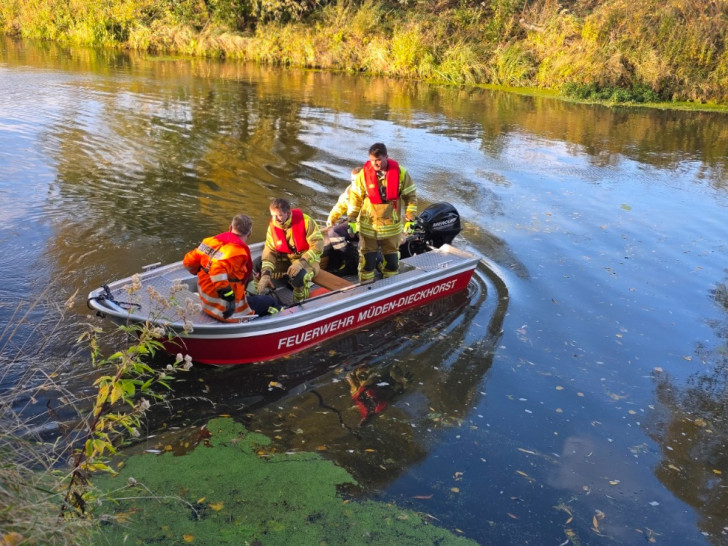 Die Retter fuhren mit einem Boot zu dem Schwan.