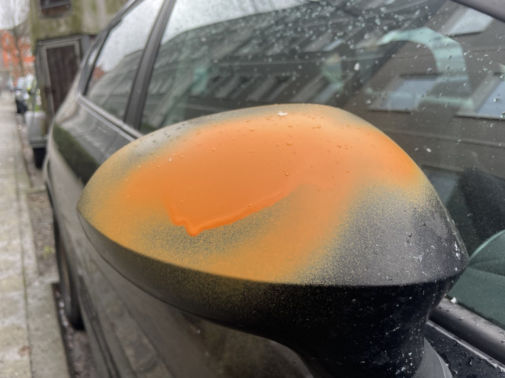 Einer der angesprühten Außenspiegel.