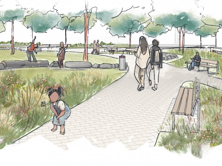 Mitten auf dem Rathausplatz, Blickrichtung Norden (Pestalozziallee): Gut zu erkennen ist die geplante Entsiegelung, viel Grün, Aufenthaltsbereiche und naturnahe Spielangebote für Kinder.