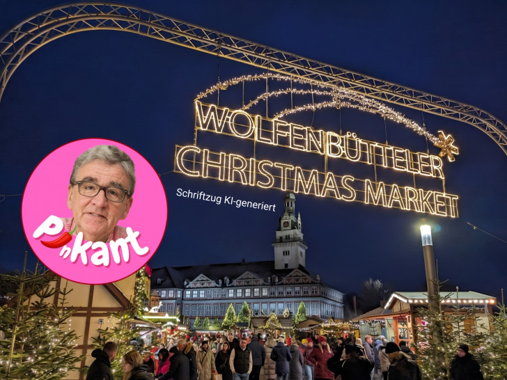 Zelebrieren wir bald den Wolfenbütteler Christmas Market? Das fragt sich Bürgermeister a.D. und regionalHeute.de Kolumnist Thomas Pink. Das Symbolbild zeigt eine mittels KI veränderte Aufnahme des Zugangs zum Wolfenbütteler Weihnachtsmarkt.