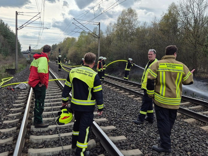 Führungskräfte aus Uelzen und Unterlüß mit dem Förster bei der Lagebesprechung (Archiv)