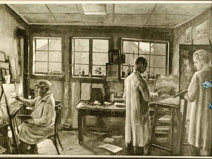 Wird in der Ausstellung gezeigt: Künstler in einem Atelier der 50erJahre. 