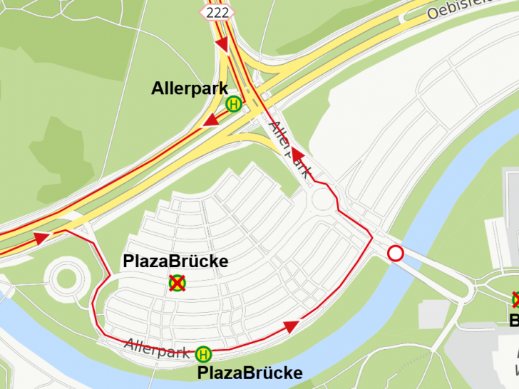 So sehen die Umleitungen für die Buslinie 222 rund um den Allerpark am Sonntag aus.
