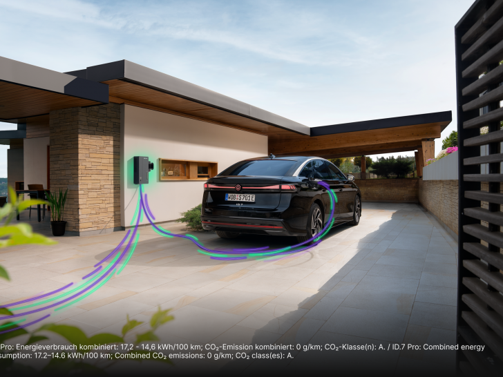 Ein Volkswagen ID.7 am Elli BiDi Charger: Bidirektionales Laden bindet die Fahrzeugbatterie in das Energiesystem ein und kann helfen, Mobilitätskosten zu senken.