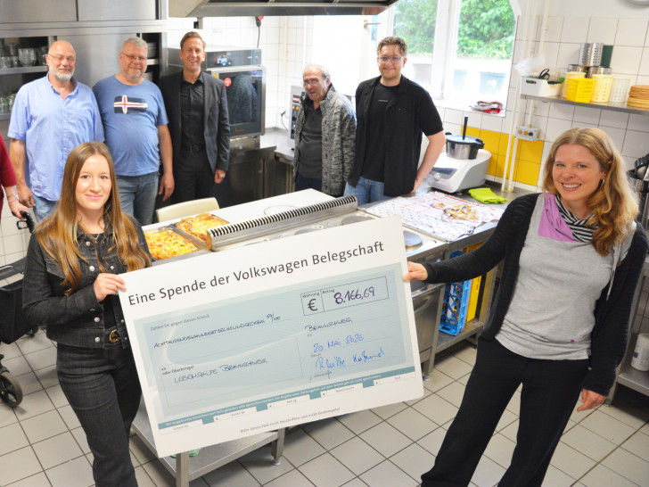 Übergabe des symbolischen Schecks an die Lebenshilfe Braunschweig - im Hintergrund der Konvektomat, der für das Geld aus der Belegschaftsspende angeschafft werden konnte.