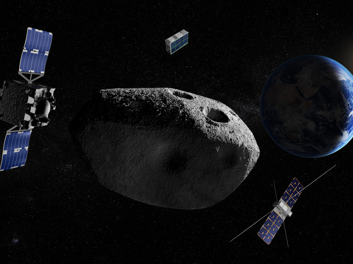 Künstlerische Darstellung der „Rapid Apophis Mission for Space Safety“ (RAMSES) der ESA. Das RAMSES-Raumfahrzeug und die CubeSats untersuchen den Asteroiden Apophis während seines nahen Vorbeiflugs an der Erde. 