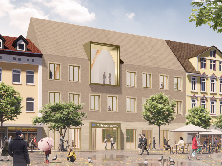 So wird die neue Peiner Hauptstelle der Volksbank BRAWO aussehen, Blick vom Peiner Marktplatz.