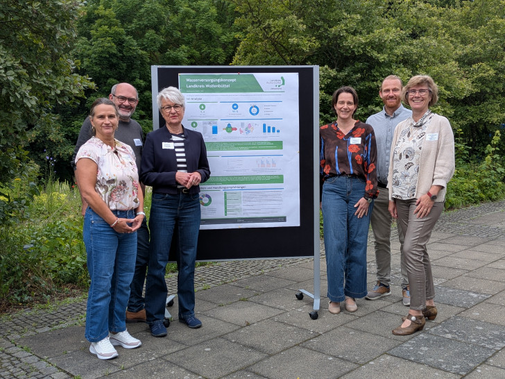 Das Wasserversorgungskonzept wurde vom Landkreis gemeinsam mit einem Ingenieur-Büro erarbeitet (v.li.):  Claudia Ferrara (Untere Wasserbehörde, LK Wolfenbüttel), Umweltdezernent Sven Volkers, Landrätin Christiana Steinbrügge, Umweltamtsleiterin Kristina Eß, Ferdinand Flechtner (DHI WASY GmbH) und Antje Dreblow-Wulf (Untere Wasserbehörde, LK Wolfenbüttel).  