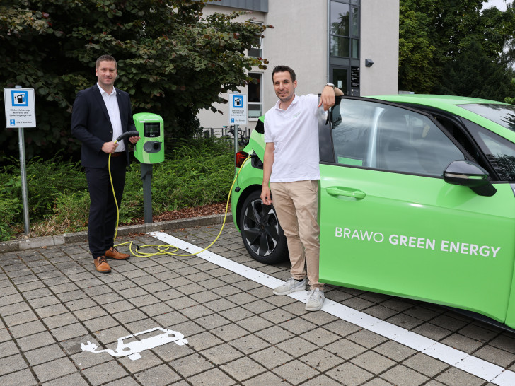 Filialleiter Tobias Hess (l.) und Marcus Flentje, Projektleiter BRAWO Green Energy, an den neuen Ladepunkten der Volksbank BRAWO-Filiale in Vorsfelde (Lange Straße 44).